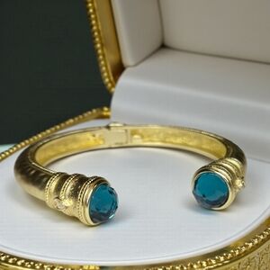 Luxury 22k Matte Gold Plated Aquamarine Crystal Chunky Bangle Hinged Bracelet